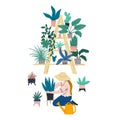 Woman is gardening at home. Urban jungle appartment decoration interior elements. Ladder shelf with plants in pots.