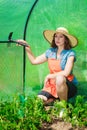 Woman with gardening tool working in greenhouse Royalty Free Stock Photo