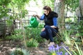 Woman in gardening waters flowers Royalty Free Stock Photo