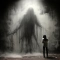 Mysterious Chiaroscuro: A Girl Confronts Terrifying Supernatural Creatures In A Misty, Black And White Painting