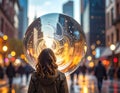 Woman gazes at glowing sphere in a blurred cityscape Royalty Free Stock Photo