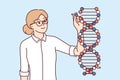 Woman geneticist studies DNA chain standing near genome molecule and modifying genetic sample