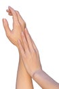 Woman is gently touching her lifted up hands