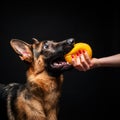 A woman with a German shepherd puppy yellow toy