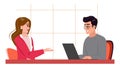 Woman gesticulating with hand and man with a laptop, talking to each other. Royalty Free Stock Photo