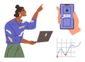 Woman gesturing with laptop, mobile security padlock, and data chart analysis representation Royalty Free Stock Photo