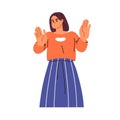 Woman gesturing stop with hand palms. Girl warning, showing negative attitude, saying no. Rejection, objection, refusal