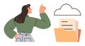 Woman Pointing at Cloud Above Open Folder with Documents Highlighting Data Storage Concept Royalty Free Stock Photo