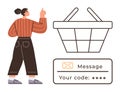 Woman Completing Online Shopping with Verification Code and Basket Concept Royalty Free Stock Photo