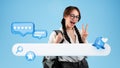 Woman Gesturting Victory Posing With Online Search Bar, Blue Background