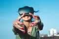 Woman getting experience using VR-headset glasses. Digital future and innovation. Visual reality concept. Woman with glasses of