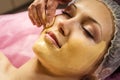 Woman getting facial care peeling mask by beautician at spa salo Royalty Free Stock Photo