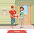 Woman getting package from courier. Cartoon people characters. Young smiling man dressed in working uniform. Delivery