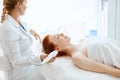 Woman getting rf-lifting in a beauty salon. Modern technologies in cosmetology.