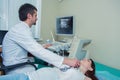 Woman getting ultrasound of a thyroid from doctor Royalty Free Stock Photo