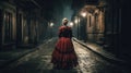 A woman ghostly figure, red spots on her victorian dress, looming the dark night in the street, ghost, frightening atmosphere, Royalty Free Stock Photo