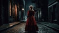 A woman ghostly figure, red spots on her victorian dress, looming the dark night in the street, ghost, frightening atmosphere, Royalty Free Stock Photo