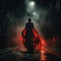 A woman ghostly figure, red spots on her victorian dress, looming the dark night in the street, ghost, frightening atmosphere, Royalty Free Stock Photo