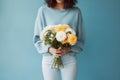 woman floral white hand romantic bouquet blue sweater yellow flower spring. Generative AI. Royalty Free Stock Photo