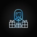 Woman with gift colored line vector icon on dark background