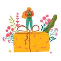 Woman with gift and flowers, thank you for surprise card or happy valentines day greeting, flat vector illustration