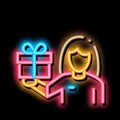 Woman with Gift neon glow icon illustration