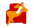 Woman in giraffe costume sits on red couch holding blue cup. Playful adult in animal onesie enjoying home comfort. Cozy