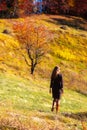 Woman girl autumn forest ray sunlight red yellow deep sun Royalty Free Stock Photo