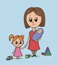 Woman with a girl and a baby on a playground among toys. Babysitter or mom with a toddler holds girl by the hand