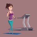 Woman or girl doing weight exercise with dumbbell or barbell on carpet near treadmill. Sportswoman or female at muscle