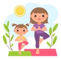 Woman and girl doing yoga pose outdoor. Family workout