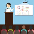 Woman girl female give presentation presenting chart report speech in front of audience vector illustration