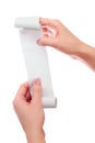 Woman or Girl Hold in Hands Roll of Paper With Printed Receipt Mock Up Template. Clean Mockup. May be Placed in Article About Shop