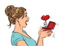 a woman girl looks at a red heart box valentine surprise greeting, love romance