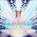 Woman girl meditates and illuminates the darkness the universe fills with her inner light