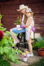 Woman and girl, mother and daughter, gardening together planting flowers in the garden. Looking at camera Royalty Free Stock Photo