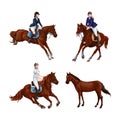 Woman, Girl riding horses Set, isolated. Family equestrian sport training horseback ride. Royalty Free Stock Photo