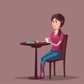 Woman or girl with smartphone sitting at cafe