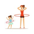 Woman and girl spinning a hula hoop around the waist, mom and daughter having good time together colorful characters