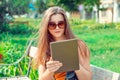 Woman girl student looking on digital pad tablet Royalty Free Stock Photo