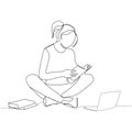 Woman,girl student reading a book sitting on the floor with an open laptop continuous line drawing,vector illustration Royalty Free Stock Photo