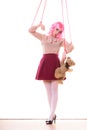 Woman girl stylized like marionette puppet on string Royalty Free Stock Photo