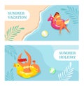 Woman girl swim in sea, ocean vector illustration. Summer beach vacation set, people holiday relax in cartoon water