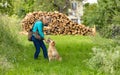 Woman give a smile to her Golden Retriever Dog