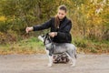 Woman gives a command to her dog puppy Siberian Husky in the autumn park. Dog training Royalty Free Stock Photo