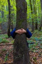 Woman giving a hug to the tree in the forest. Environmental activism concept Royalty Free Stock Photo