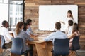 Woman giving a presentation at whiteboard to business team Royalty Free Stock Photo