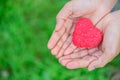 Woman giving red heart on green grass background Royalty Free Stock Photo