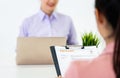 Woman Giving resume to HR officer for interview Royalty Free Stock Photo