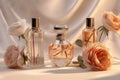 flower woman care cosmetic scent glass aroma fragrance perfume bottle smell. Generative AI. Royalty Free Stock Photo